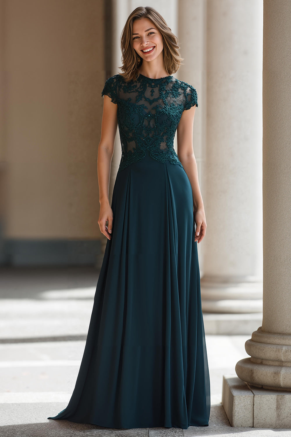 Peacock Green Chiffon A-Line Long Mother of the Bride Dress with Appliques