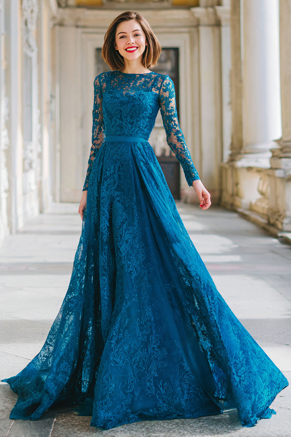 Ink Blue Round Neck A-Line Lace Long Mother of the Bride Dress with Sleeves