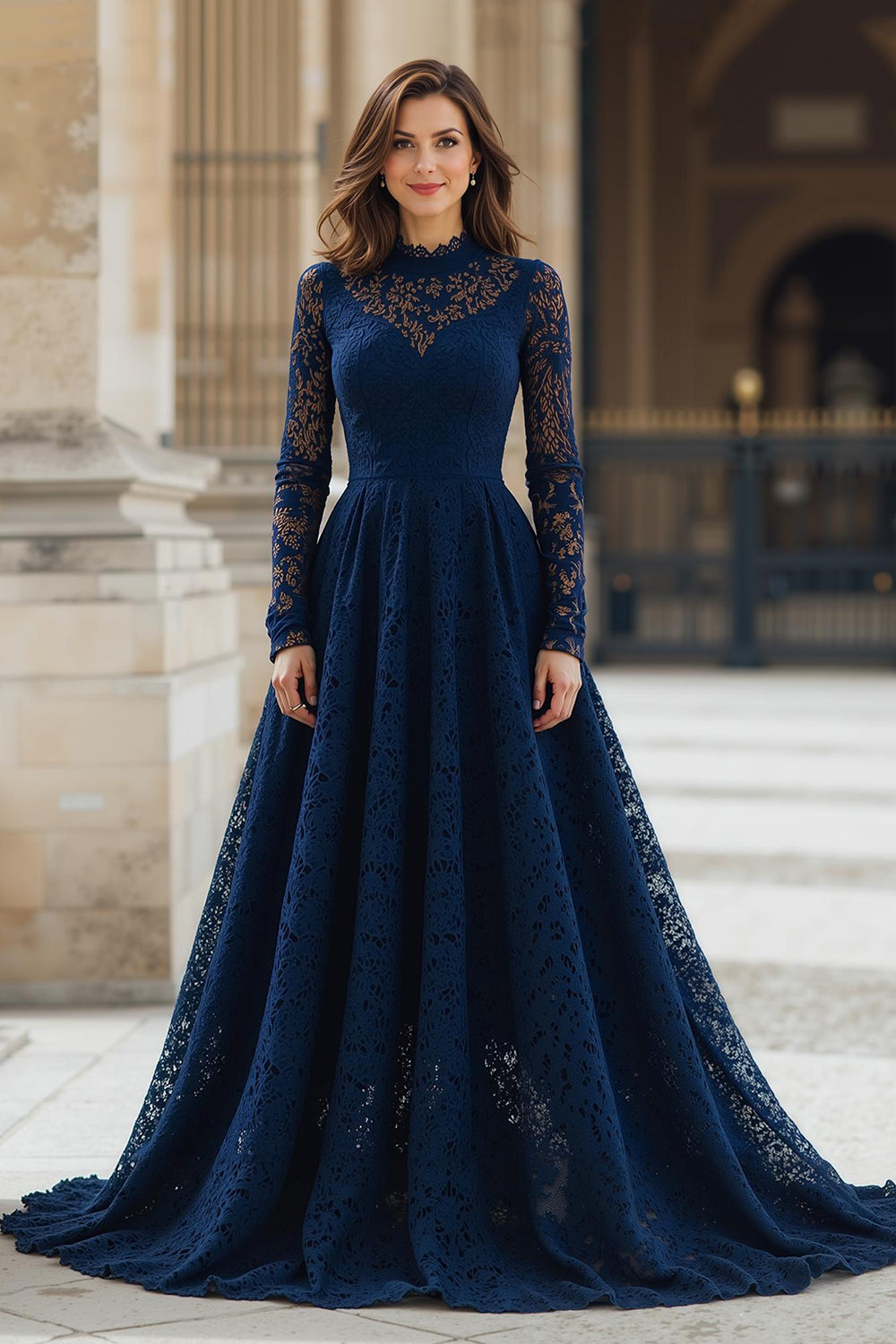 Navy A-Line High Neck Lace Long Mother of the Bride Dress with Sleeves