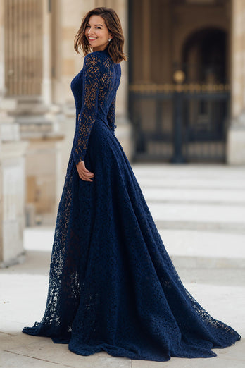 Navy A-Line High Neck Lace Long Mother of the Bride Dress with Sleeves