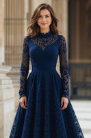 Load image into Gallery viewer, Navy A-Line High Neck Lace Long Mother of the Bride Dress with Sleeves