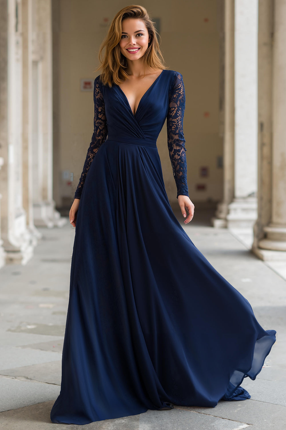 Navy Chiffon V-Neck A-Line Long Mother of the Bride Dress with Lace