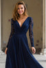 Load image into Gallery viewer, Navy Chiffon V-Neck A-Line Long Mother of the Bride Dress with Lace