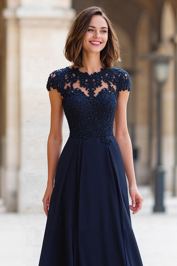 Navy Chiffon A-Line Maxi Round Neck Mother of the Bride Dress with Appliques