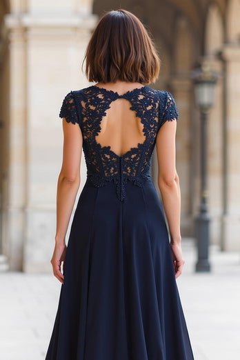 Navy Chiffon A-Line Maxi Round Neck Mother of the Bride Dress with Appliques