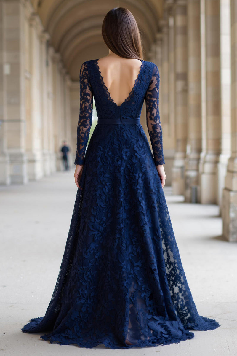 Load image into Gallery viewer, Navy A-Line V-Neck Long Sleeves Lace Long Mother of the Bride Dress