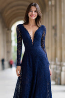 Load image into Gallery viewer, Navy A-Line V-Neck Long Sleeves Lace Long Mother of the Bride Dress