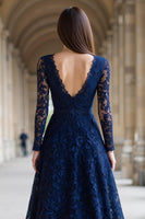 Load image into Gallery viewer, Navy A-Line V-Neck Long Sleeves Lace Long Mother of the Bride Dress