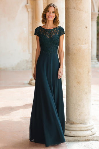 Peacock Green Chiffon Round Neck A-Line Long Mother of the Bride Dress