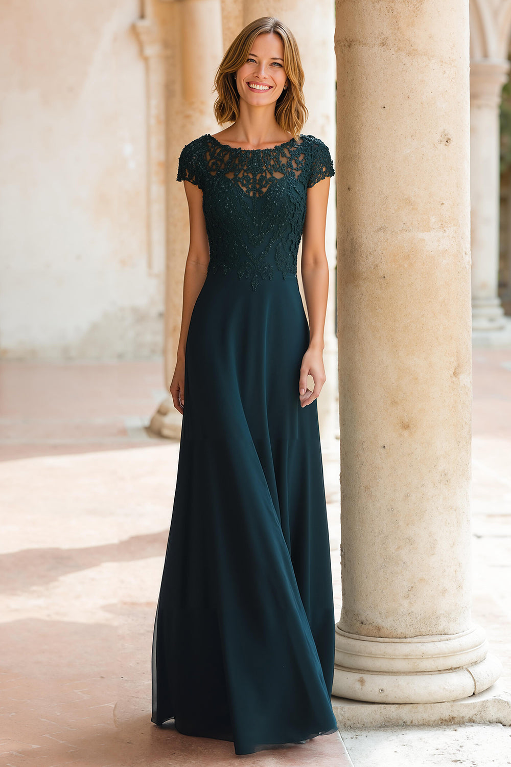 Peacock Green Chiffon Round Neck A-Line Long Mother of the Bride Dress