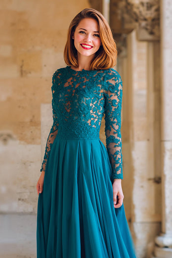 Peacock Blue Chiffon A-Line Round Neck Long Mother of the Bride Dress with Lace