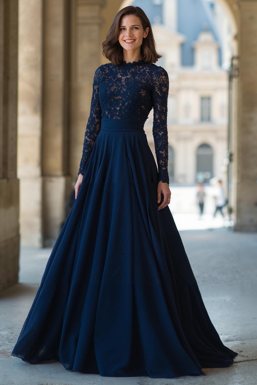 Navy Chiffon High Neck Long Sleeves A-Line Long Mother of the Bride Dress with Lace