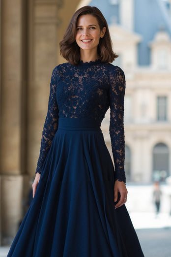 Navy Chiffon High Neck Long Sleeves A-Line Long Mother of the Bride Dress with Lace