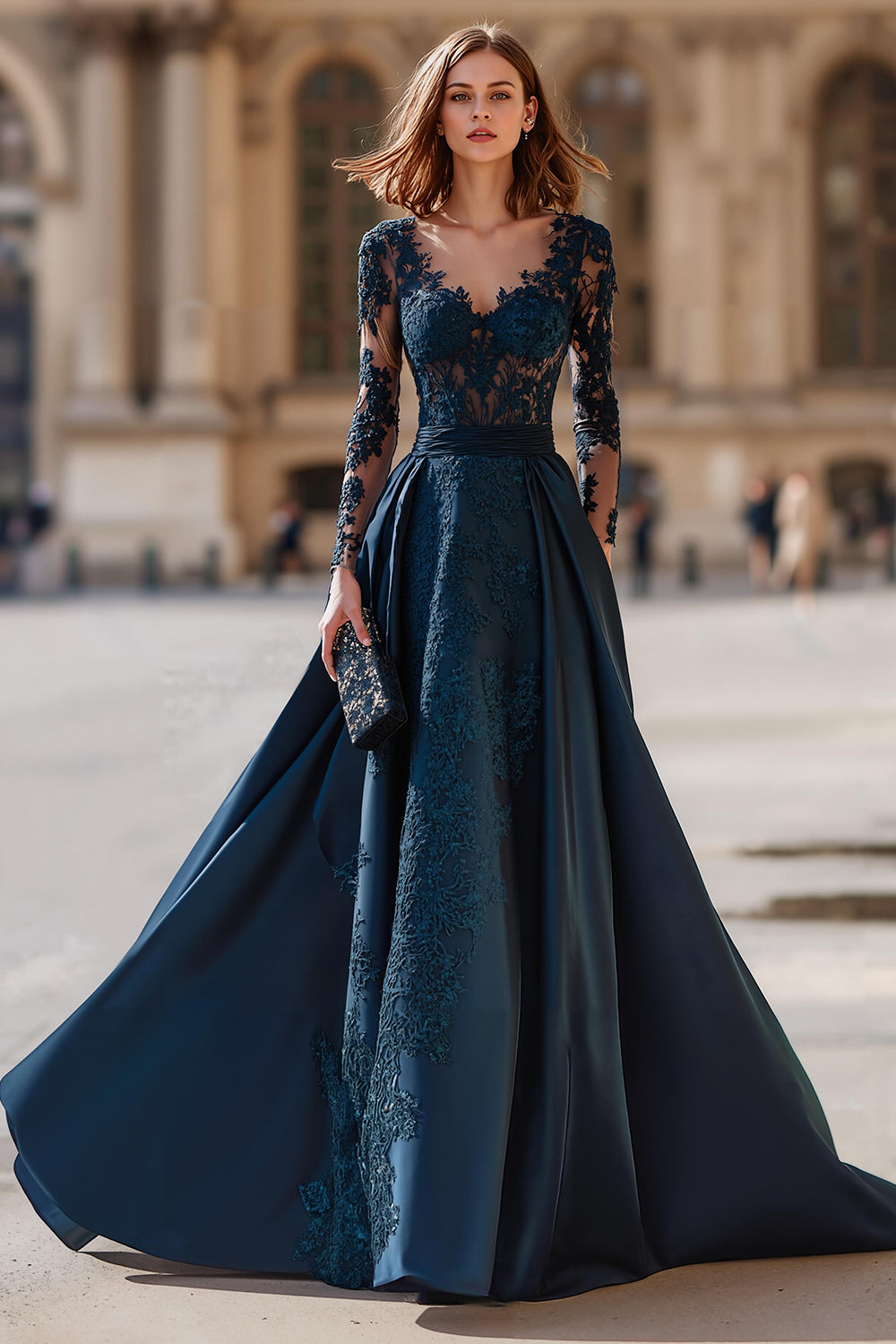 Navy A-Line V-Neck Long Sleeves Maxi Mother of the Bride Dress with Lace