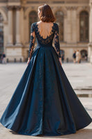 Load image into Gallery viewer, Navy A-Line V-Neck Long Sleeves Maxi Mother of the Bride Dress with Lace