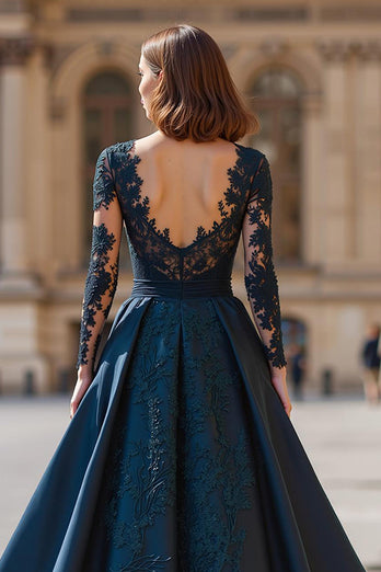 Navy A-Line V-Neck Long Sleeves Maxi Mother of the Bride Dress with Lace