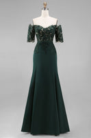 Load image into Gallery viewer, Dark Green Chiffon Off the Shoulder Sheath Long Mother of the Bride Dress with Lace