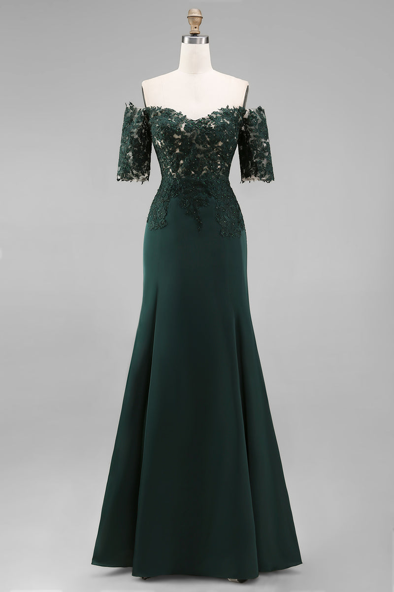 Load image into Gallery viewer, Dark Green Chiffon Off the Shoulder Sheath Long Mother of the Bride Dress with Lace