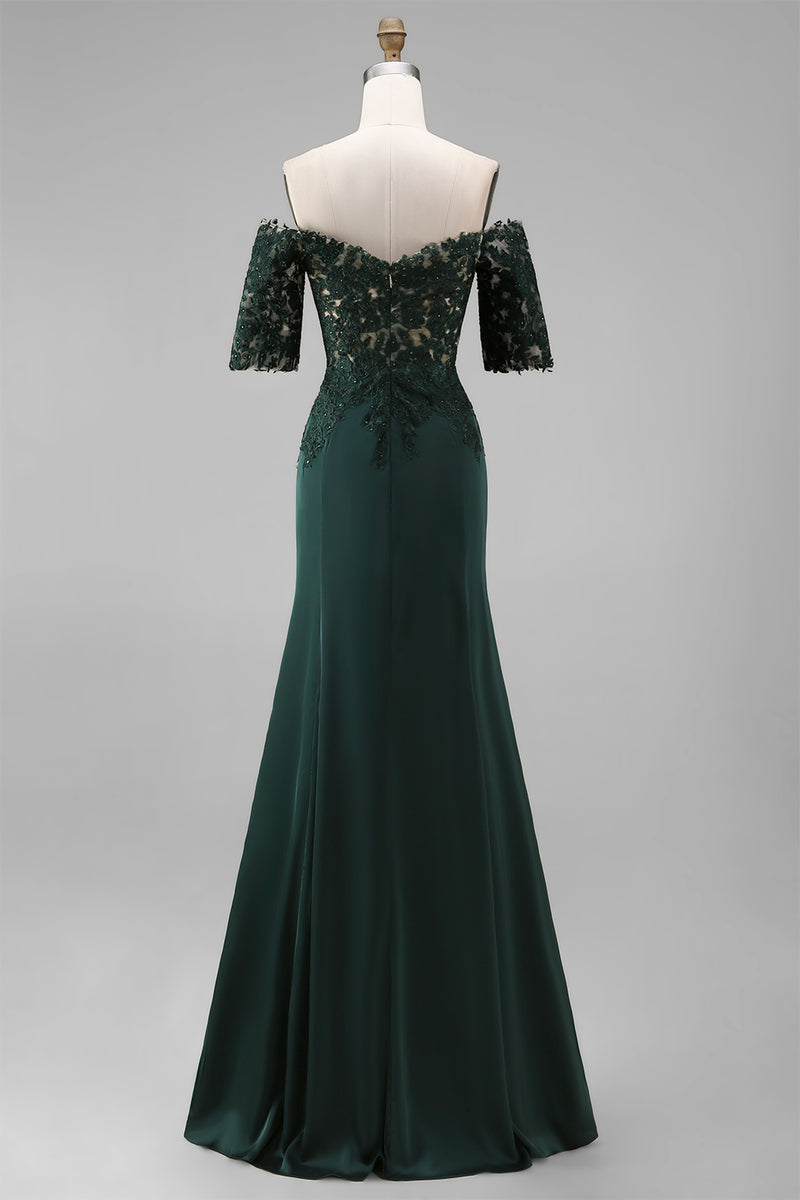 Load image into Gallery viewer, Dark Green Chiffon Off the Shoulder Sheath Long Mother of the Bride Dress with Lace