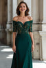 Load image into Gallery viewer, Dark Green Chiffon Off the Shoulder Sheath Long Mother of the Bride Dress with Lace