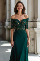 Load image into Gallery viewer, Dark Green Chiffon Off the Shoulder Sheath Long Mother of the Bride Dress with Lace