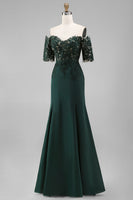 Load image into Gallery viewer, Dark Green Chiffon Off the Shoulder Sheath Long Mother of the Bride Dress with Lace