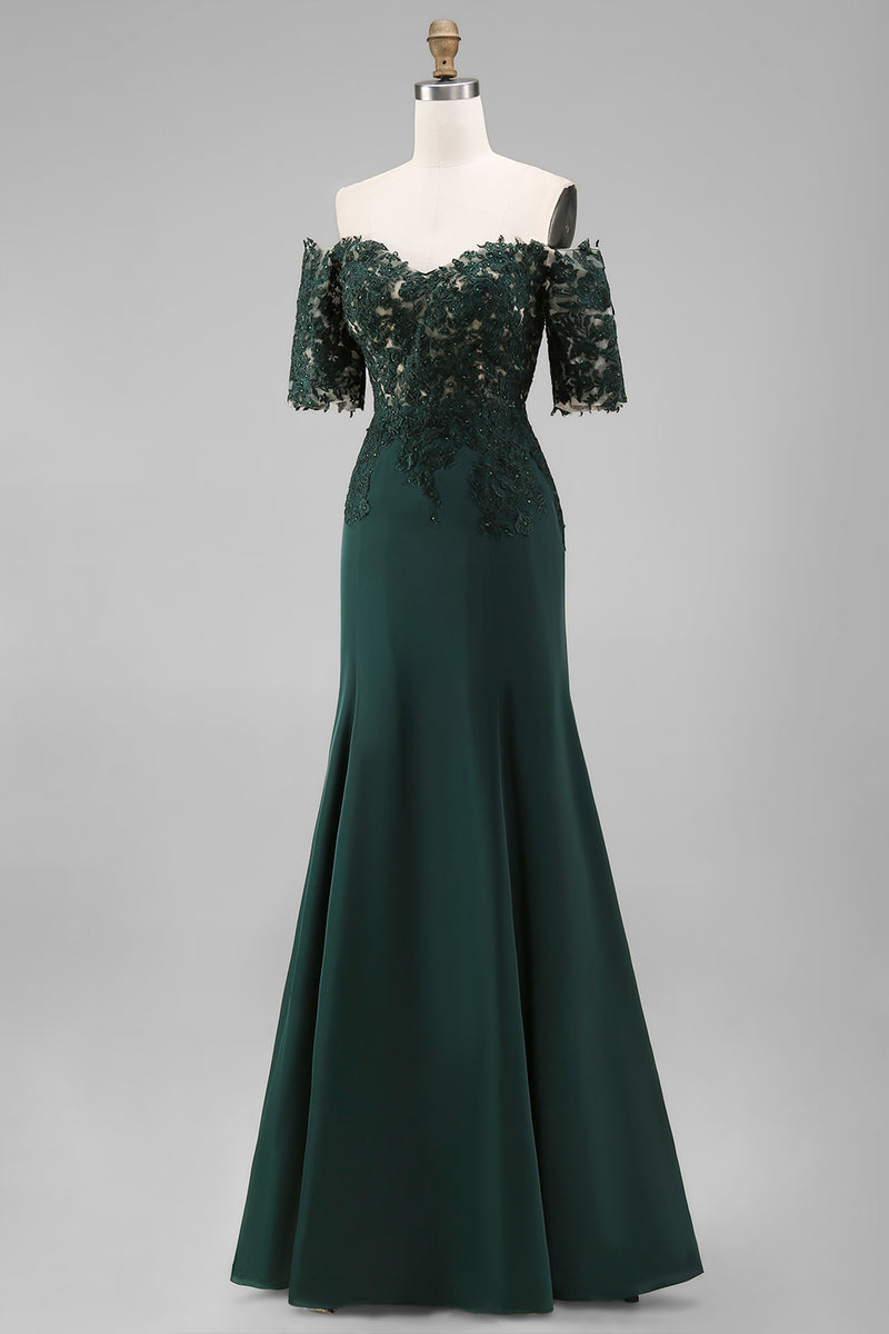 Load image into Gallery viewer, Dark Green Chiffon Off the Shoulder Sheath Long Mother of the Bride Dress with Lace
