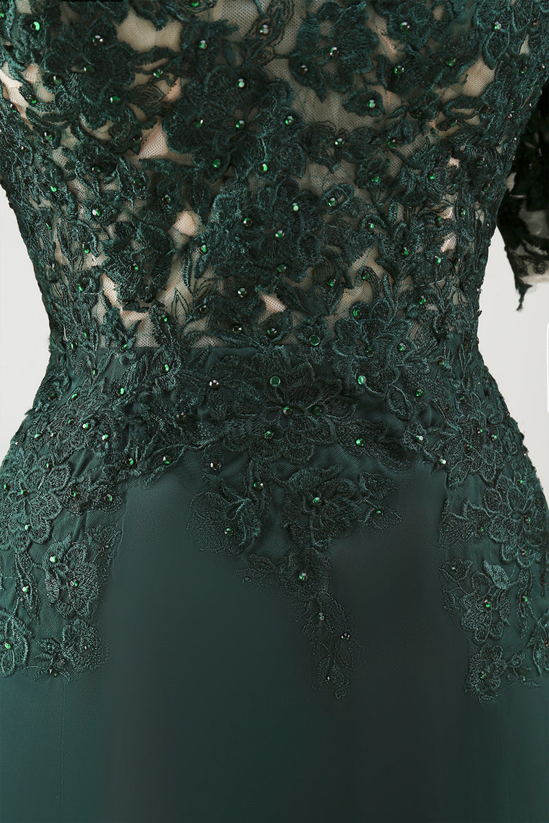 Load image into Gallery viewer, Dark Green Chiffon Off the Shoulder Sheath Long Mother of the Bride Dress with Lace