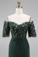 Load image into Gallery viewer, Dark Green Chiffon Off the Shoulder Sheath Long Mother of the Bride Dress with Lace