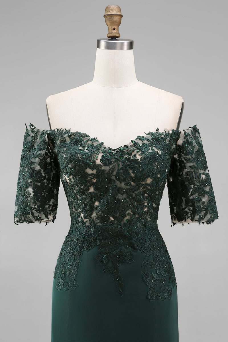 Load image into Gallery viewer, Dark Green Chiffon Off the Shoulder Sheath Long Mother of the Bride Dress with Lace