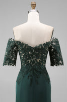 Load image into Gallery viewer, Dark Green Chiffon Off the Shoulder Sheath Long Mother of the Bride Dress with Lace
