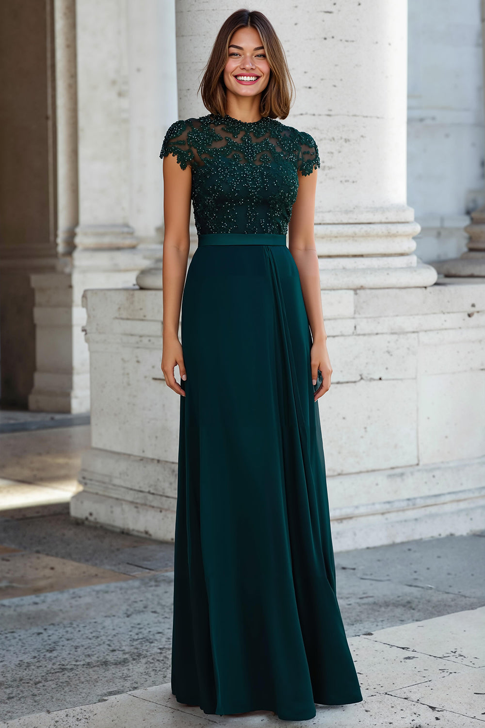 Peacock Green Chiffon Round Neck A-Line Long Mother of the Bride Dress with Beading