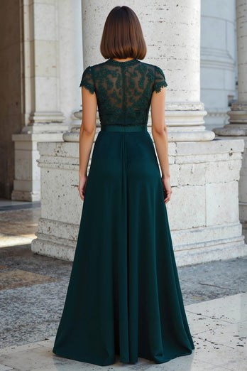 Peacock Green Chiffon Round Neck A-Line Long Mother of the Bride Dress with Beading