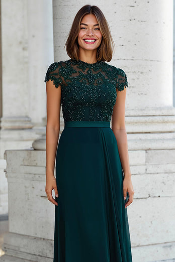 Peacock Green Chiffon Round Neck A-Line Long Mother of the Bride Dress with Beading