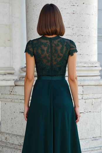 Peacock Green Chiffon Round Neck A-Line Long Mother of the Bride Dress with Beading