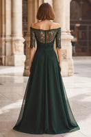 Load image into Gallery viewer, Pine Green Chiffon Off the Shoulder A-Line Long Mother of the Bride Dress with Lace