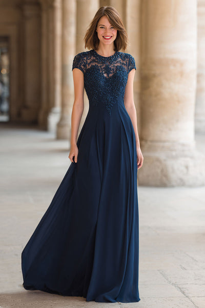 Navy Chiffon A-Line Round Neck Maxi Mother of the Bride Dress with Lace