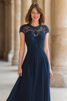 Load image into Gallery viewer, Navy Chiffon A-Line Round Neck Maxi Mother of the Bride Dress with Lace