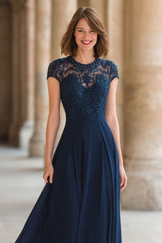 Navy Chiffon A-Line Round Neck Maxi Mother of the Bride Dress with Lace