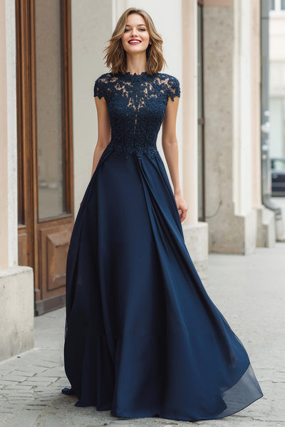 Navy Chiffon Round Neck A-Line Long Mother of the Bride Dress with Lace