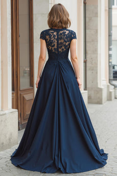 Navy Chiffon Round Neck A-Line Long Mother of the Bride Dress with Lace