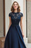 Load image into Gallery viewer, Navy Chiffon Round Neck A-Line Long Mother of the Bride Dress with Lace