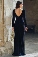 Load image into Gallery viewer, Navy Mermaid V-Neck Velvet Long Mother of the Bride Dress with Sleeves