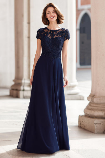 Navy Chiffon Round Neck A-Line Long Mother of the Bride Dress with Appliques