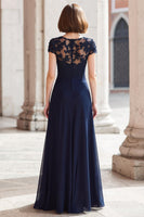 Load image into Gallery viewer, Navy Chiffon Round Neck A-Line Long Mother of the Bride Dress with Appliques