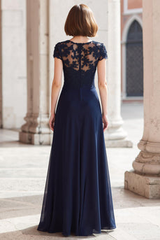 Navy Chiffon Round Neck A-Line Long Mother of the Bride Dress with Appliques