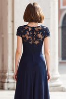 Load image into Gallery viewer, Navy Chiffon Round Neck A-Line Long Mother of the Bride Dress with Appliques