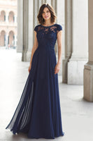 Load image into Gallery viewer, Navy Chiffon Boat Neck A-Line Long Mother of the Bride Dress with Appliques