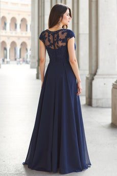 Navy Chiffon Boat Neck A-Line Long Mother of the Bride Dress with Appliques