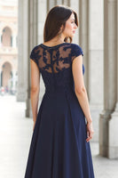 Load image into Gallery viewer, Navy Chiffon Boat Neck A-Line Long Mother of the Bride Dress with Appliques